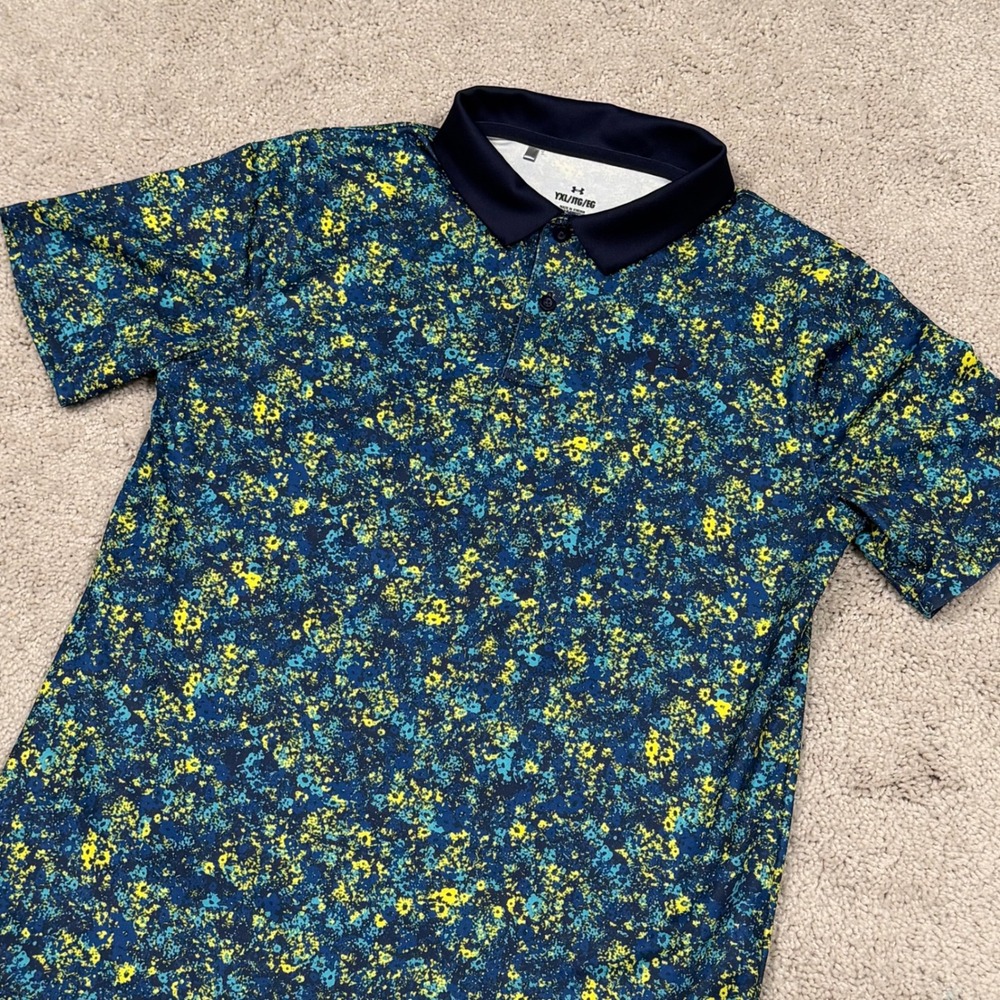 Under Armour Kids Navy Blue Floral Splatter Performance Polo Shirt YXL 1377356